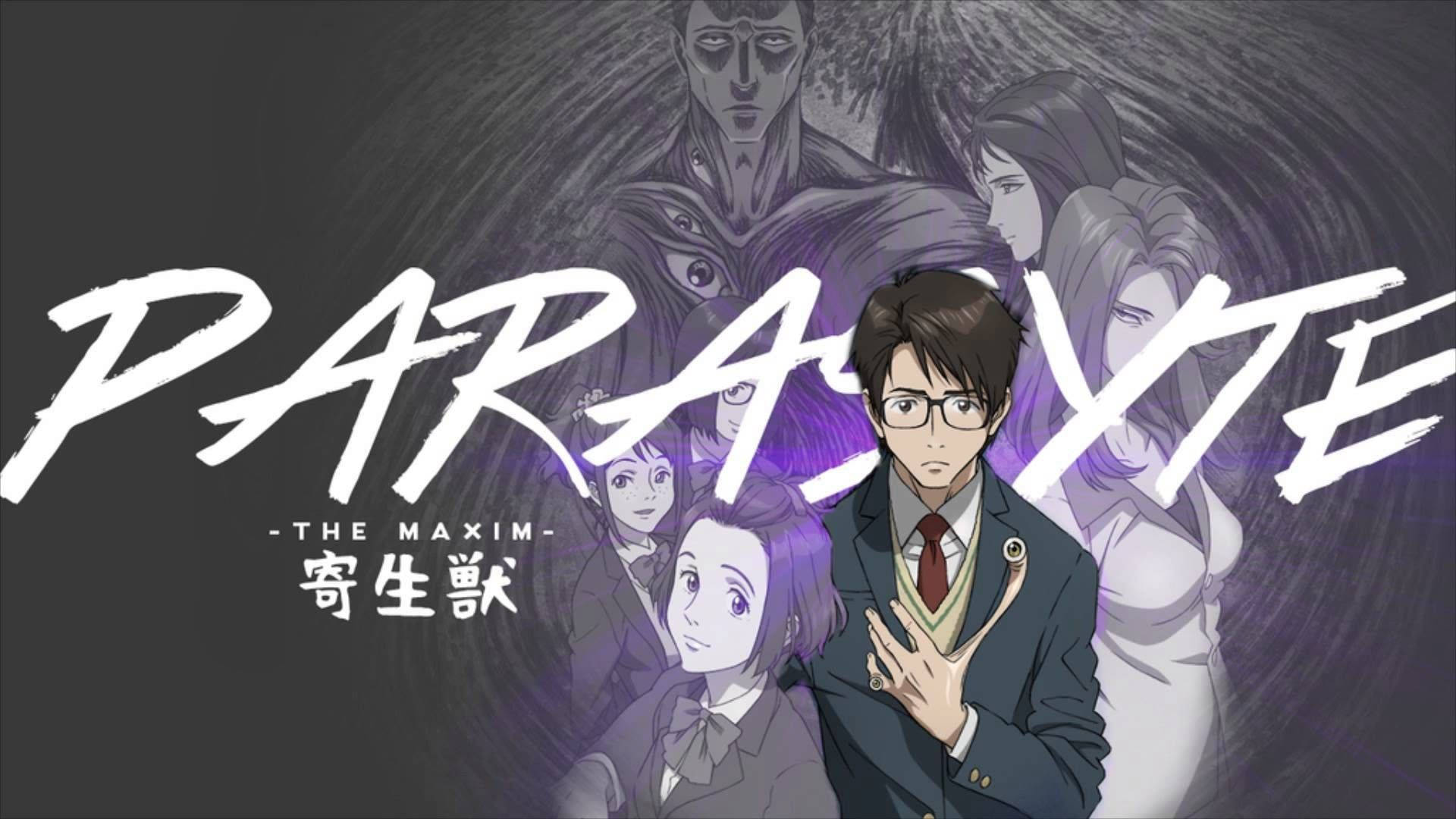 《寄生獸》虛構動畫系列 壁紙 — 一張戲劇性的動畫海報，描繪一位身穿西裝、戴眼鏡的年輕男子站在旋轉的幽靈人物漩渦前，標題為 Parasite Eve。