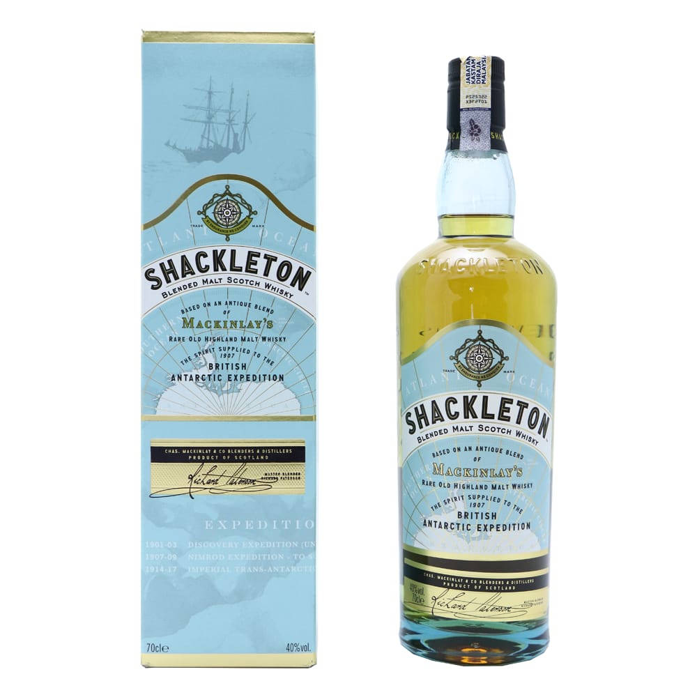 Shackleton 威士忌瓶和盒，以南極探險為主題。