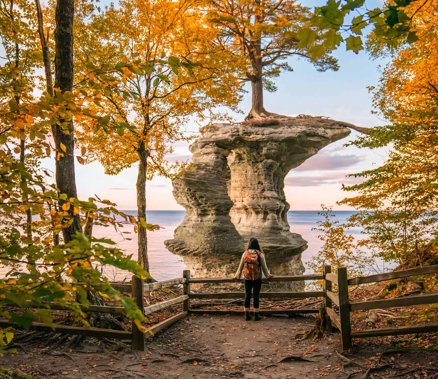 密歇根湖的日出美景 壁紙 — 一位孤獨的旅行者站在一座頂端有樹木的 towering 岩石 formation 前，金色的秋葉框住了寧靜的湖邊景色。