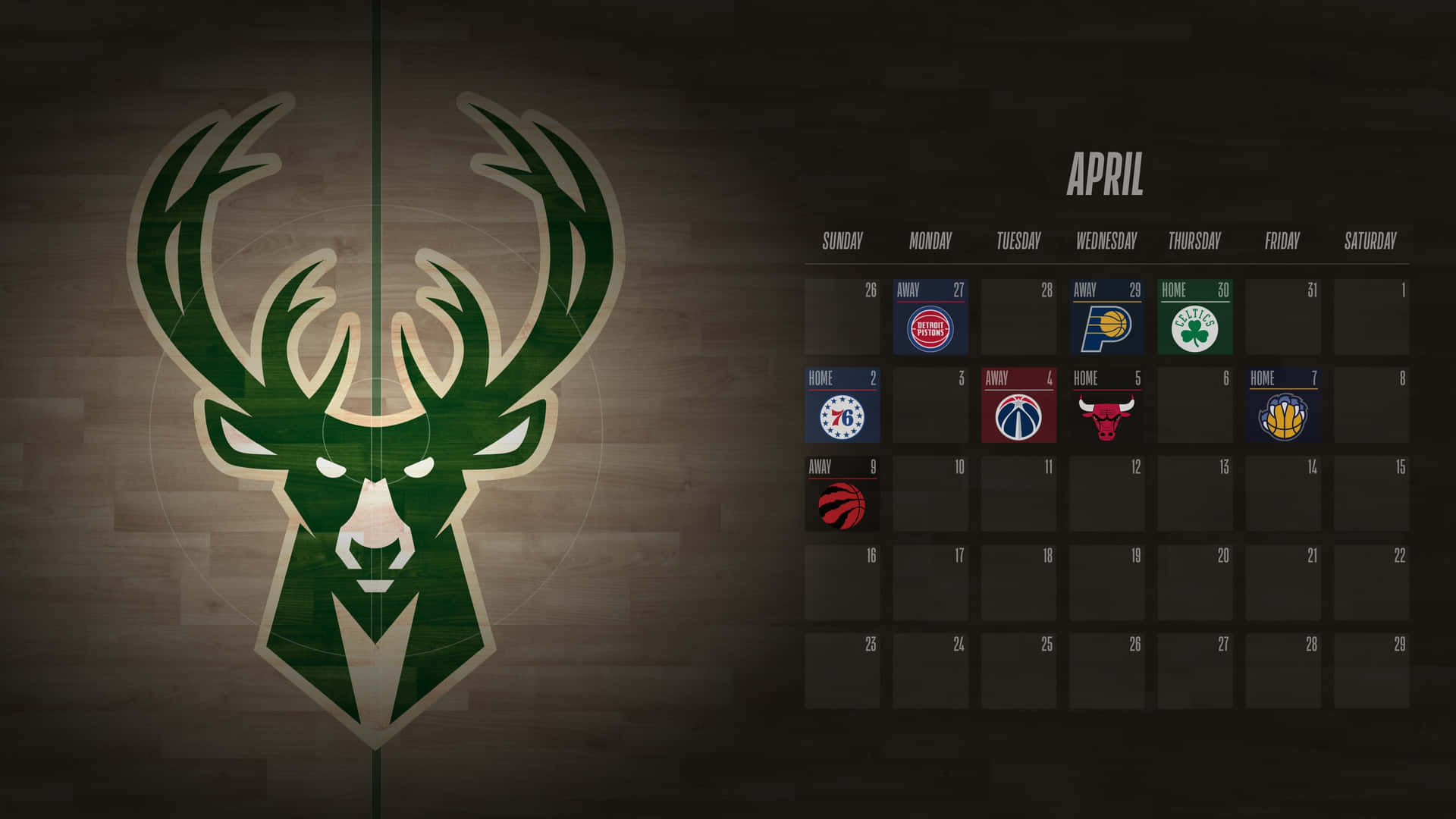 深色木質背景上的密爾沃基公鹿隊標誌和四月NBA賽程。
