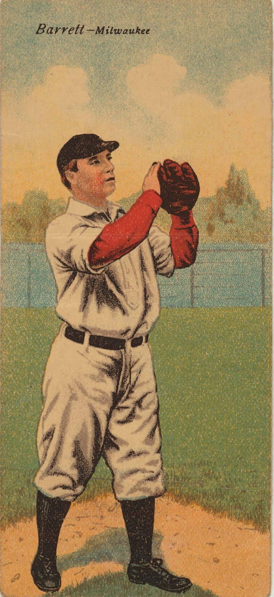 Baseball Cards 桌布 壁紙 — 密爾沃基的復古棒球選手Barrett在柔和天空下戴著紅色手套和帽子準備就緒。
