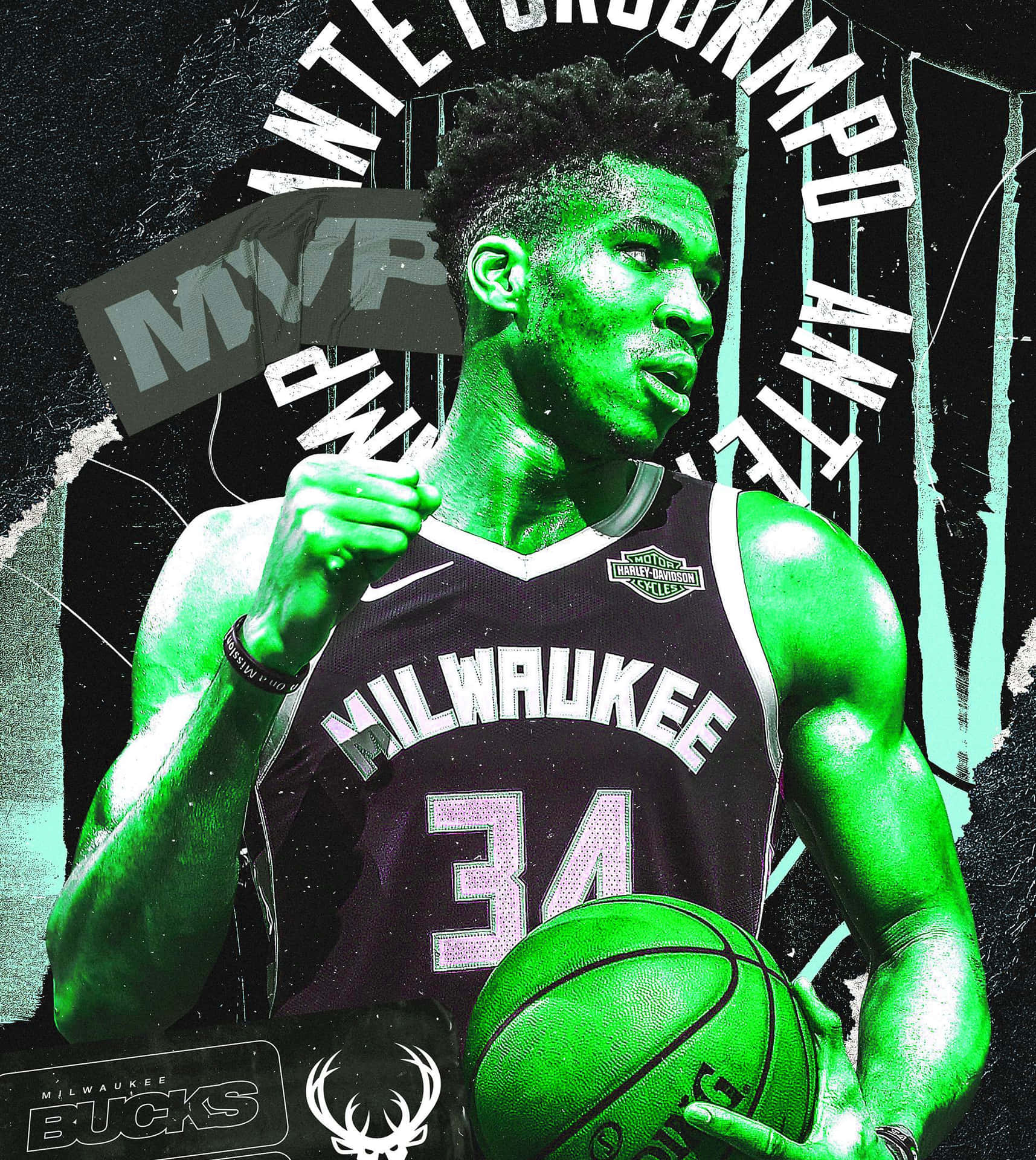 身穿密爾沃基公鹿隊球衣的籃球運動員 Antetokounmpo 在綠色燈光下持球。