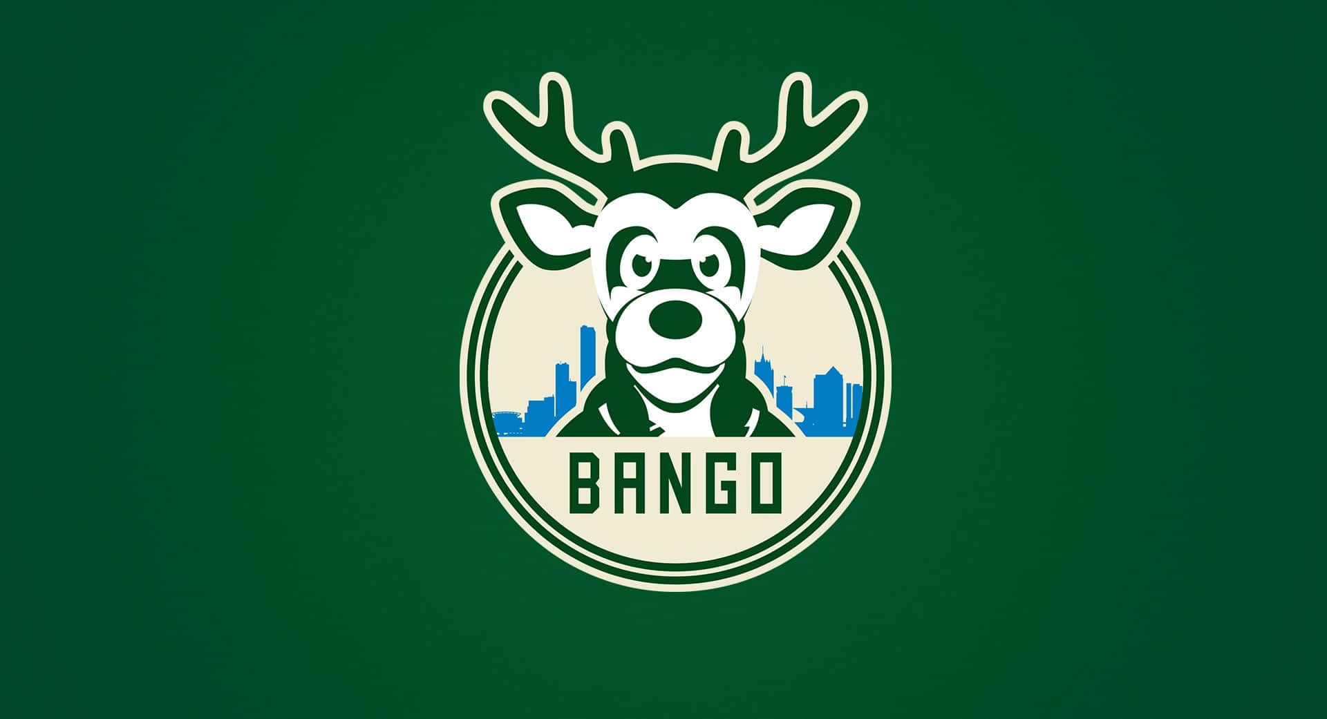 圓形標誌，包含鹿吉祥物、城市天際線和文字 BANGO，背景為綠色。