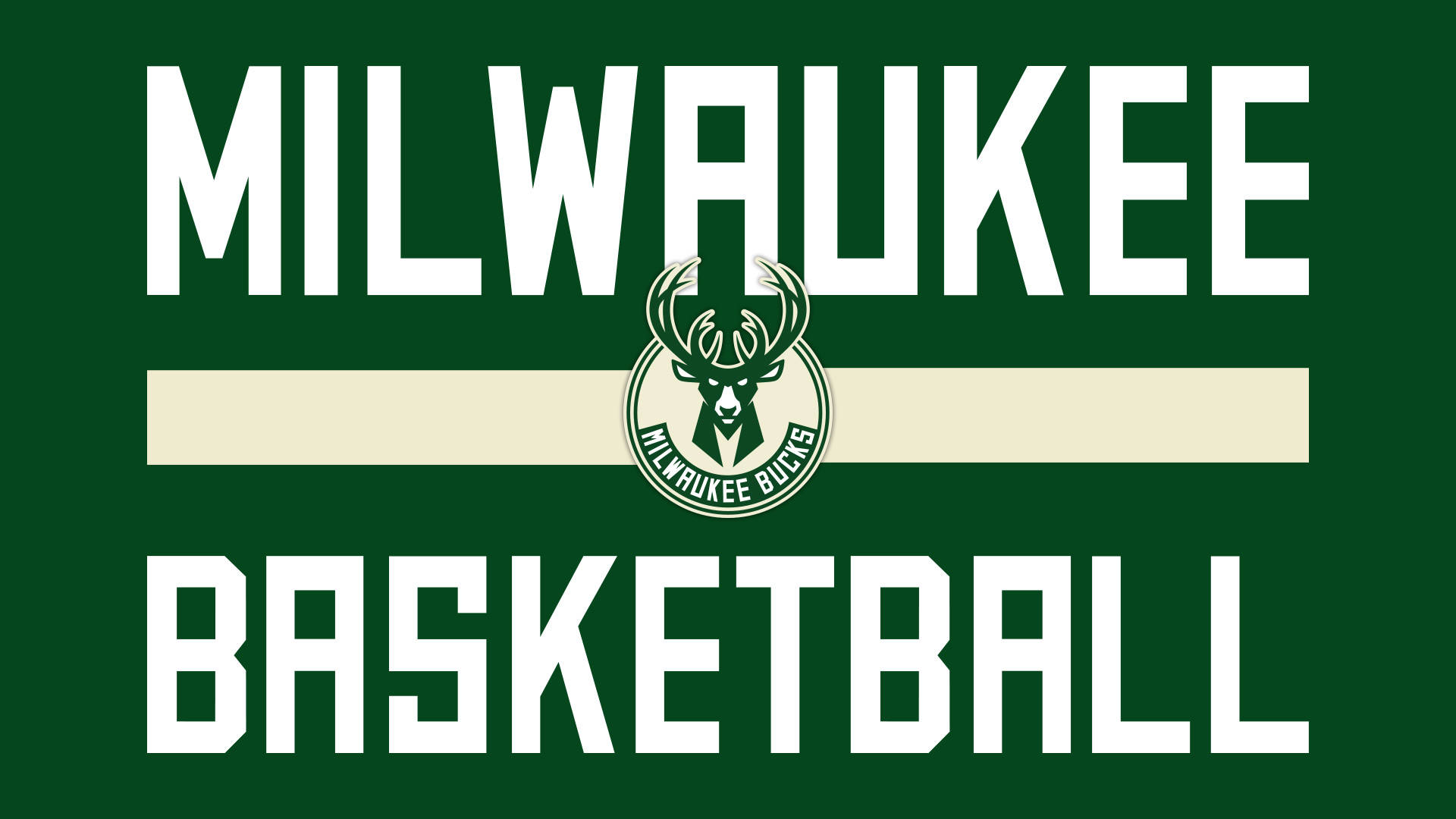 密爾瓦基 Buckers 籃球團隊標誌 壁紙 — 粗體白色文字寫著 MILWAUKEE BASKETBALL，背景為綠色，帶有奶油色條紋和鹿標誌。