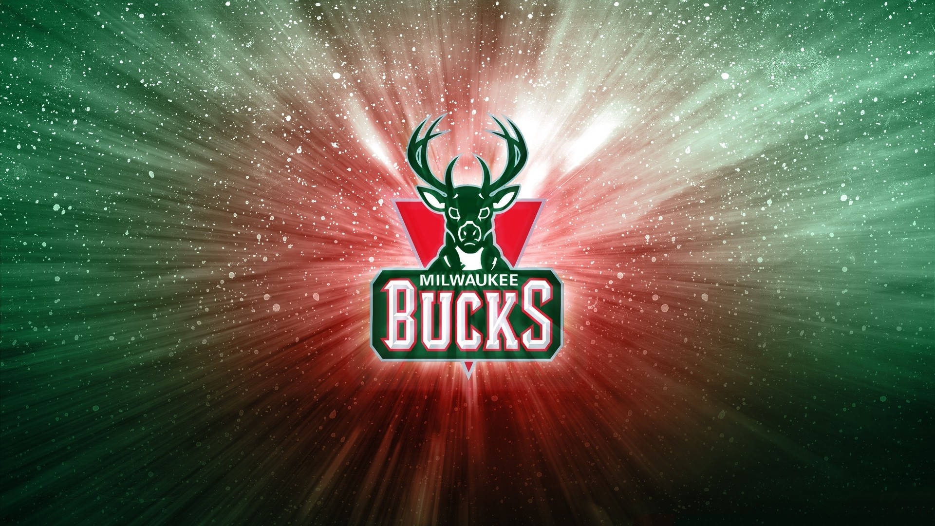密爾瓦基 Buckers 綠紅配色 壁紙 — 密爾沃基公鹿隊標誌在閃爍的宇宙背景下散發出紅色和綠色的光束。