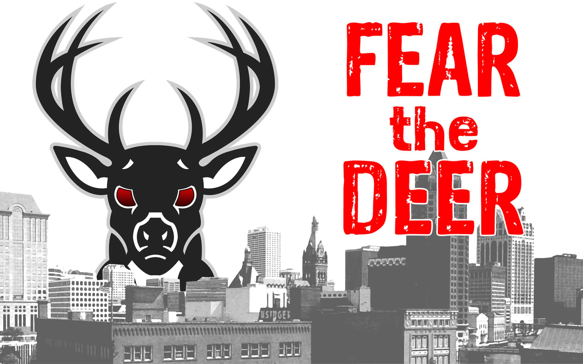 一隻風格化的黑鹿，紅眼聳立在城市天際線上，帶有紅色文字「FEAR the DEER」。
