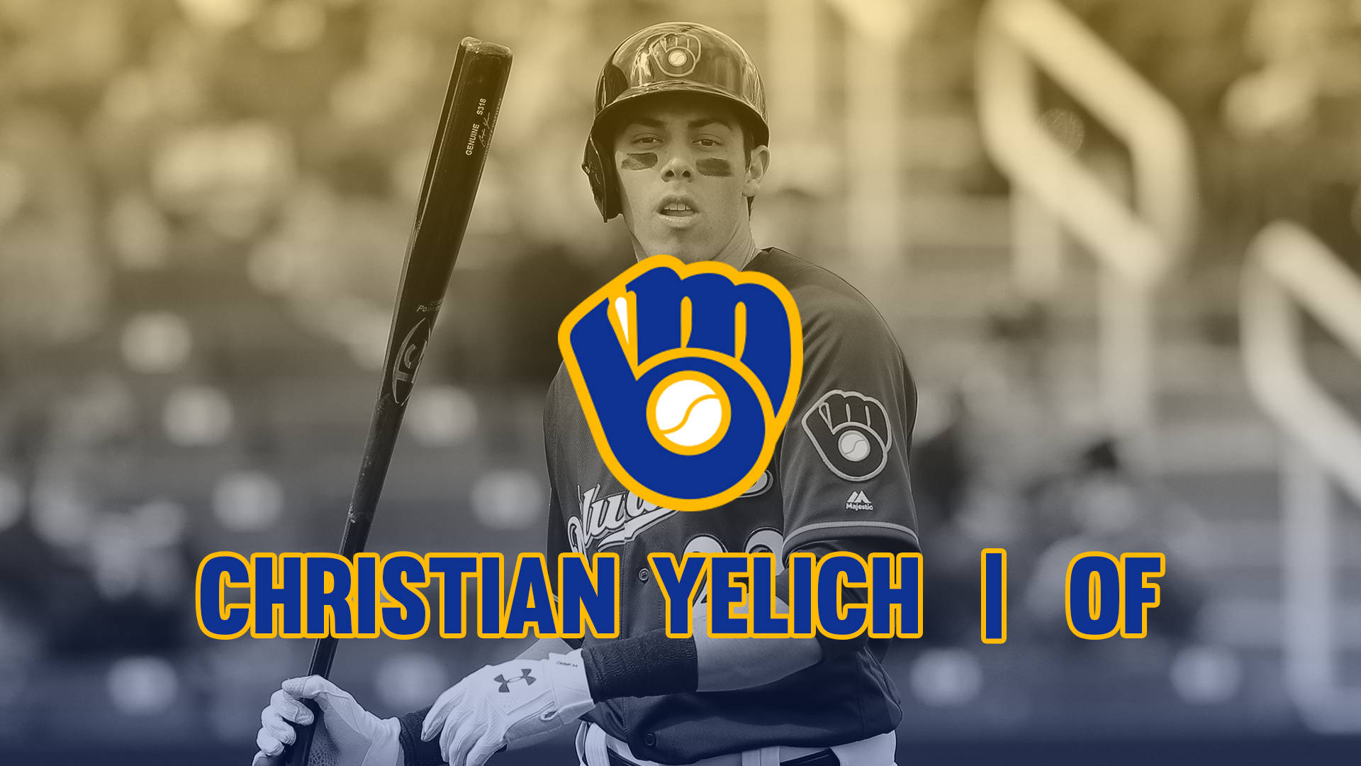 密爾瓦基釀酒人隊克里斯蒂安·耶利奇 壁紙 — 棒球手 Christian Yelich 身穿密爾沃基釀酒人隊制服，在球場上準備揮棒，帶有復古色調和球隊標誌疊加。