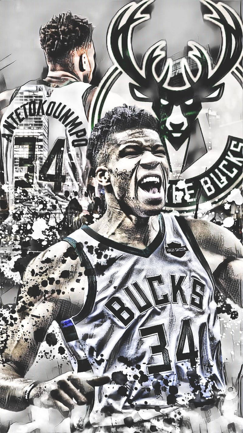 密爾瓦基鵜鶘隊安特托昆莫 壁紙 — 一幅粗獷風格化的Giannis Antetokounmpo肖像，身穿密爾沃基公鹿隊球衣，在潑濺效果和球隊標誌中咆哮，充滿強烈氣勢。