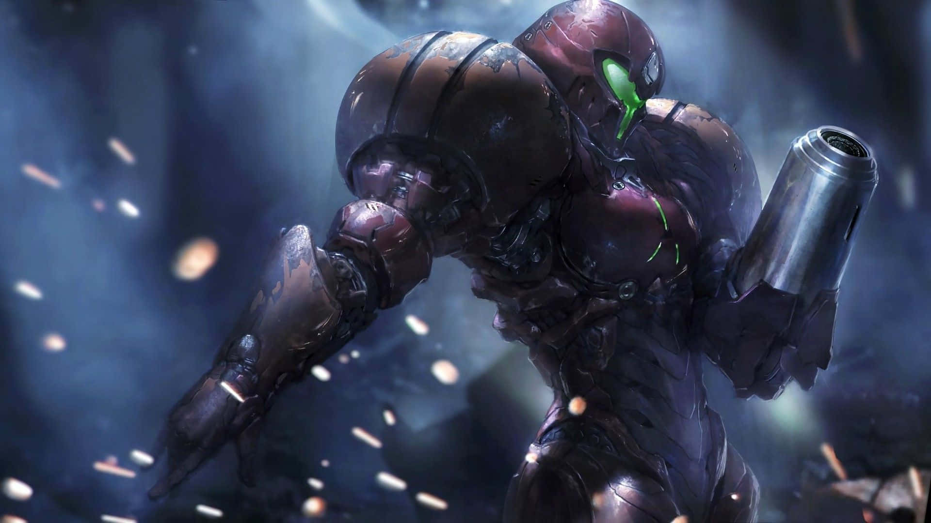 Samus Aran 穿著她的能量服，在戰鬥場景中手持武器。