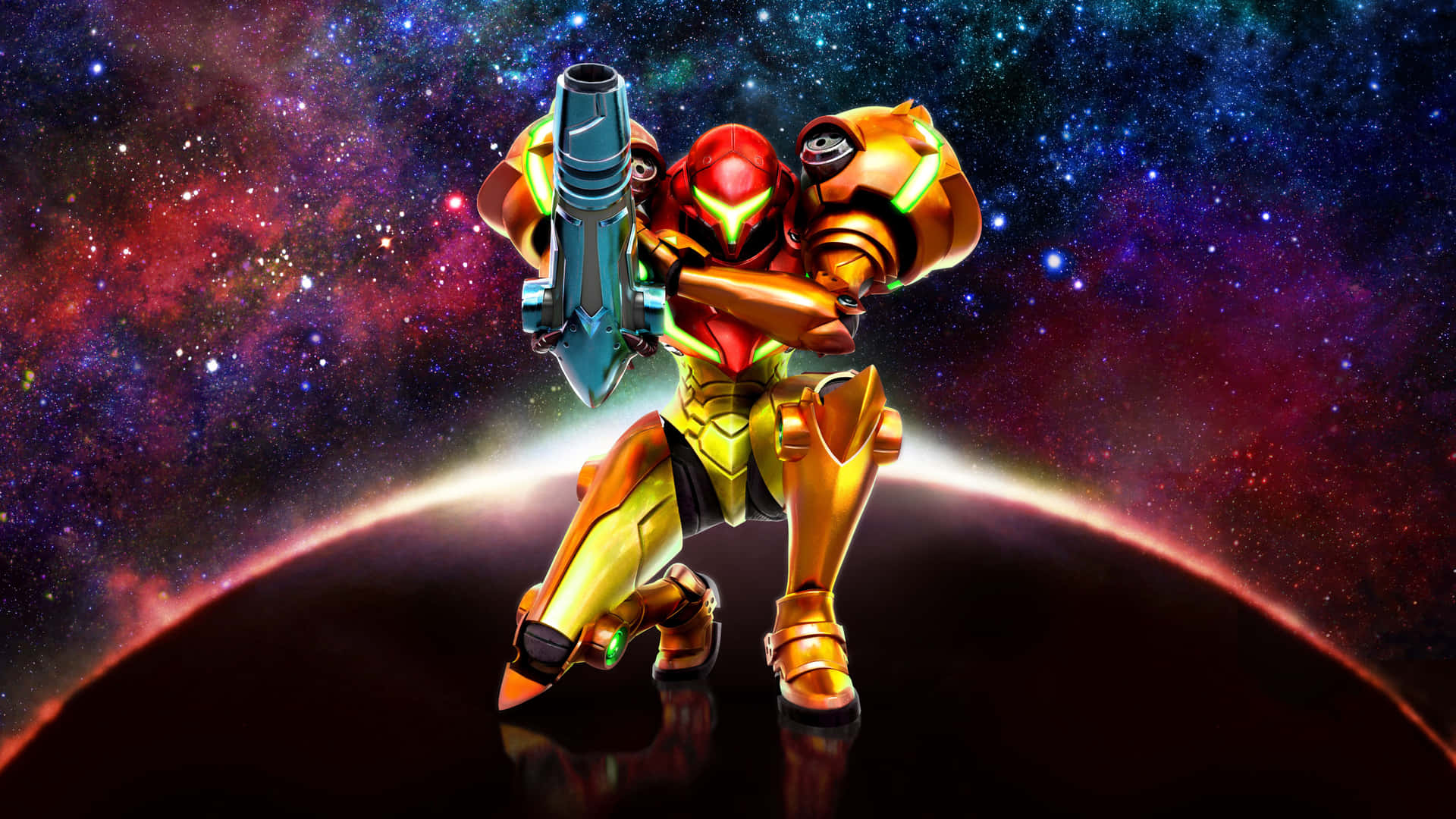 身穿金色裝甲的薩姆斯·亞蘭，在星空宇宙背景下手持武器。