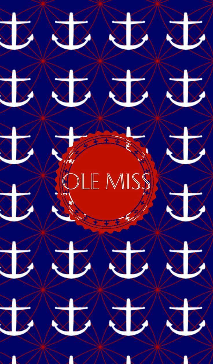 藍色背景，白色錨和紅色幾何線條，中間紅色印章寫著 OLE MISS。