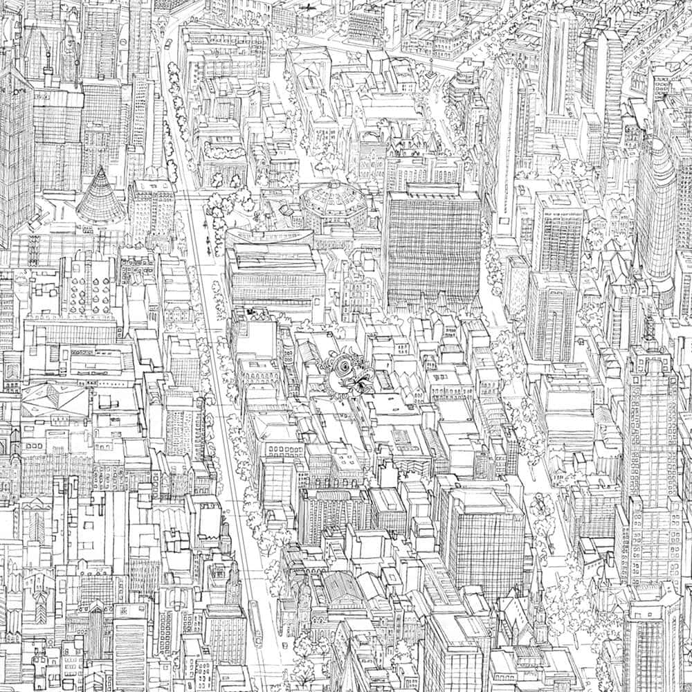 Black And White Drawings 桌布 壁紙 — 密集城市景觀的鳥瞰圖，以複雜的黑白線條藝術和詳細的建築輪廓呈現。