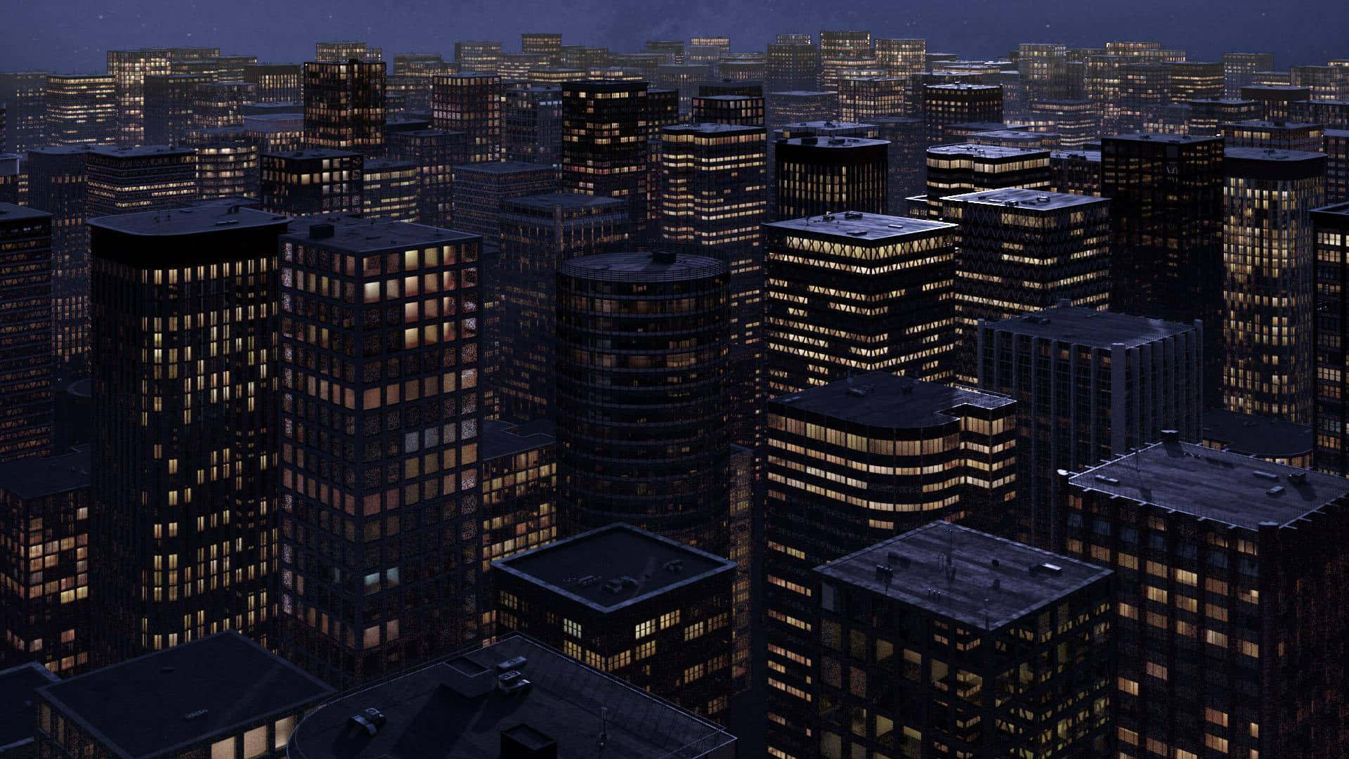 Buildings 桌布 壁紙 — 密集城市景觀的鳥瞰圖，夜晚無數窗戶在黑暗的天空中溫暖地發光。
