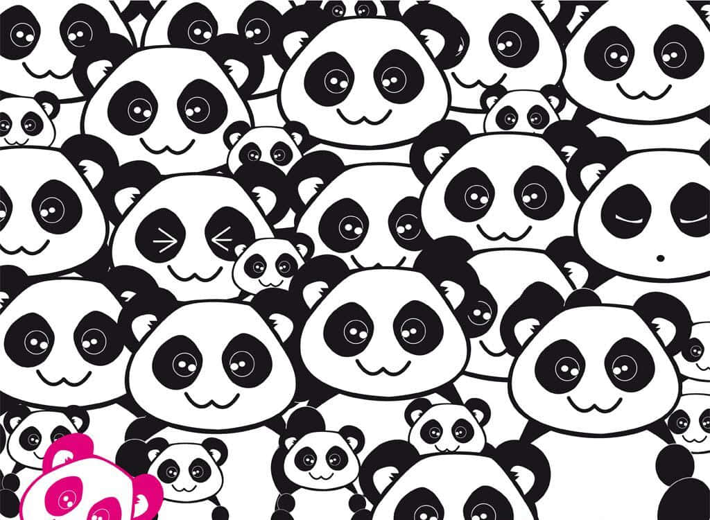 Kawaii Panda 桌布 壁紙 — 密集的可愛卡通熊貓圖案，黑白配色，大眼睛微笑，左下角有一隻粉紅色熊貓。
