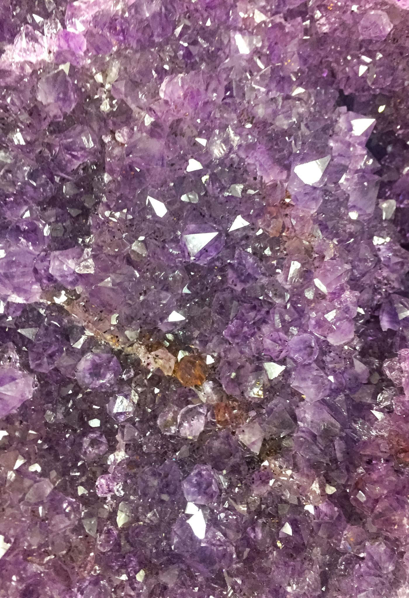 Amethyst 桌布 壁紙 — 密集的紫色紫水晶晶體簇，具有鋒利的刻面和泥土內含物。