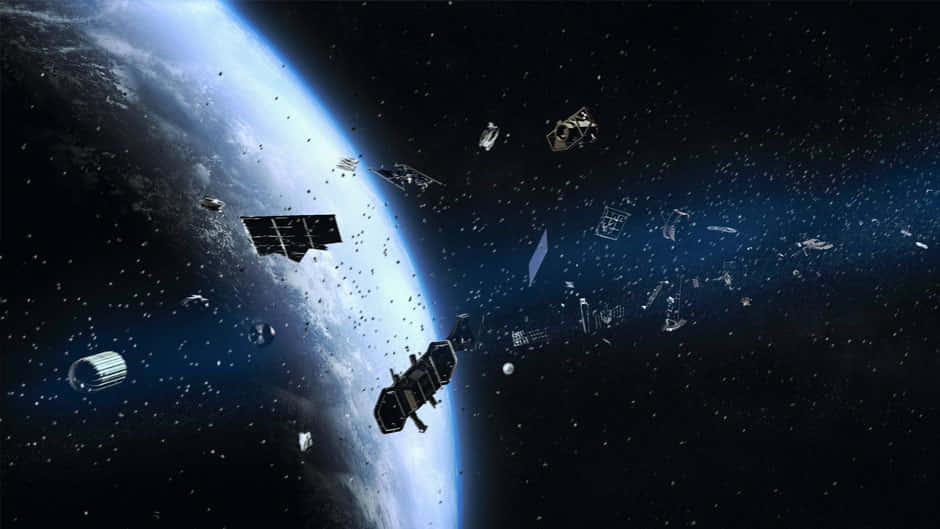 Space Debris 桌布 壁紙 — 密集的衛星和太空碎片場在繁星點點的宇宙背景下繞地球運行。