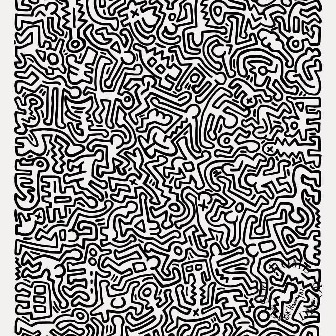 Black And White Graffiti 桌布 壁紙 — 密集的黑白抽象圖案，由重疊的卡通人物和形狀組成，風格混亂而充滿活力。