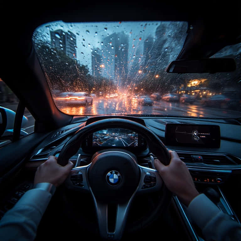 一個人在夜間雨中駕駛寶馬，透過擋風玻璃可見城市燈光。