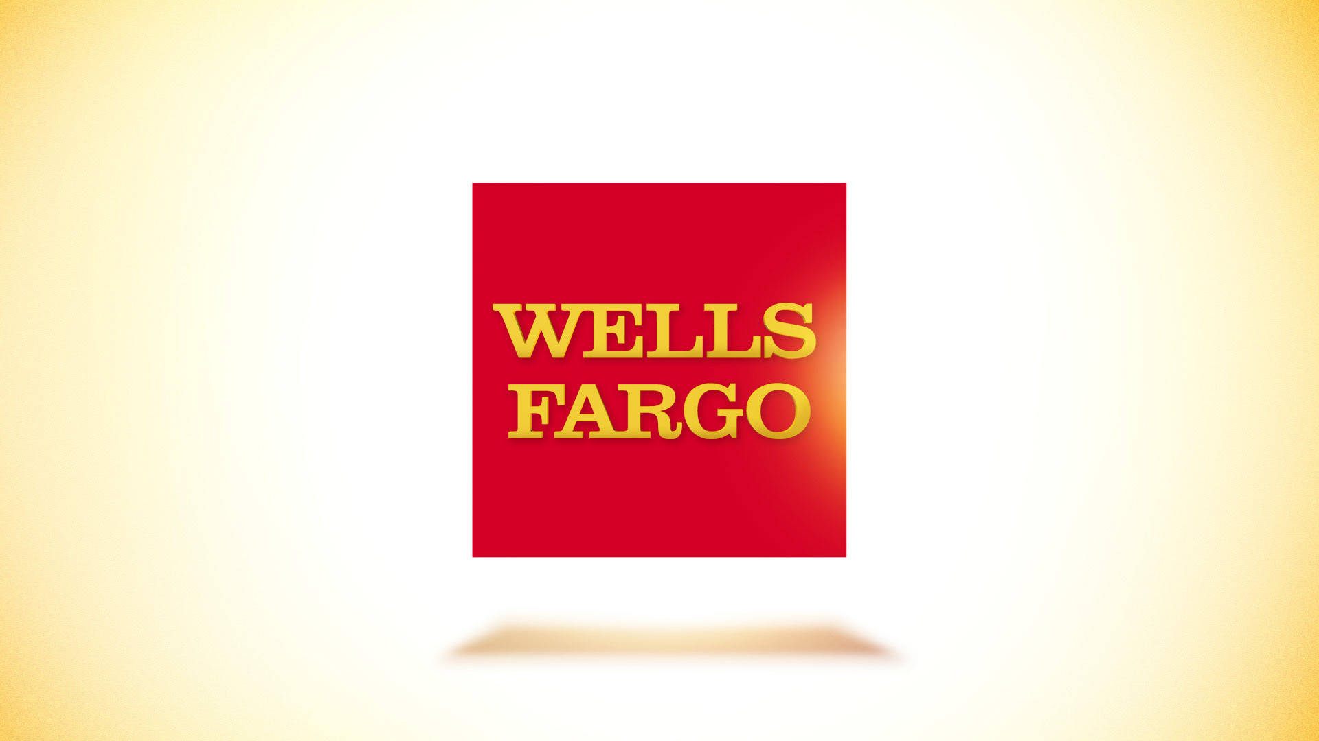Wells Fargo標誌在紅色正方形上，金色字體，黃色漸變背景。