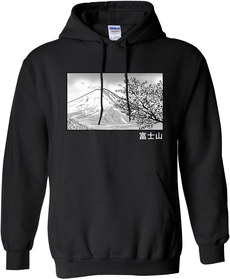 富士山圖案連帽衫 壁紙 — 黑色連帽衫，帶有富士山的單色插圖，由櫻花枝條環繞，下方有日文字元。