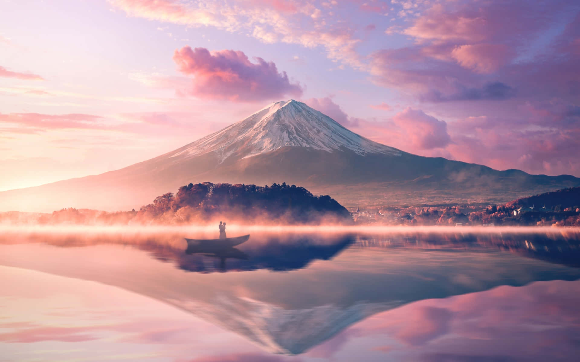 霧湖上小船中的人，黎明時富士山倒映在水中。