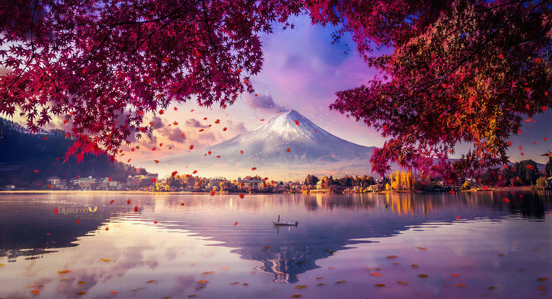 富士山倒映在湖中，周圍是秋葉和一艘小船。