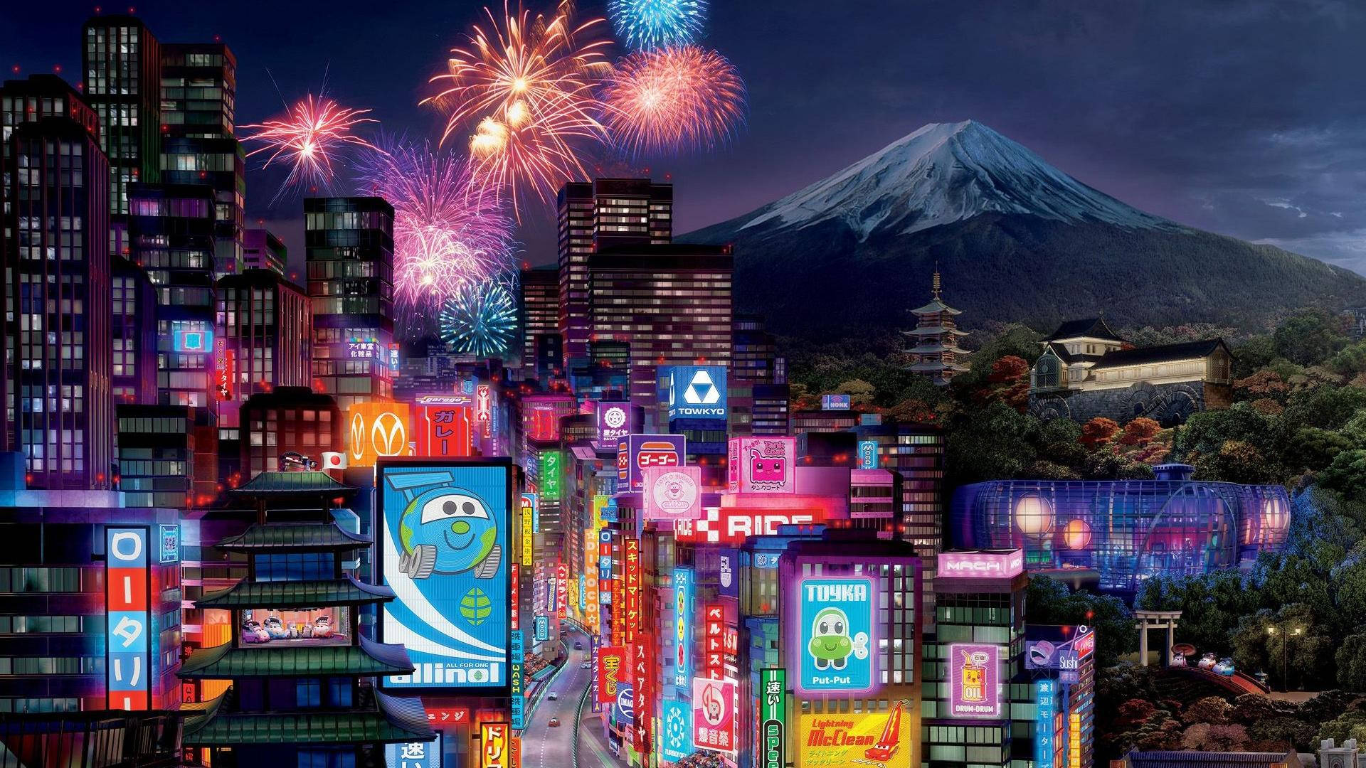 東京夜景，富士山和煙花