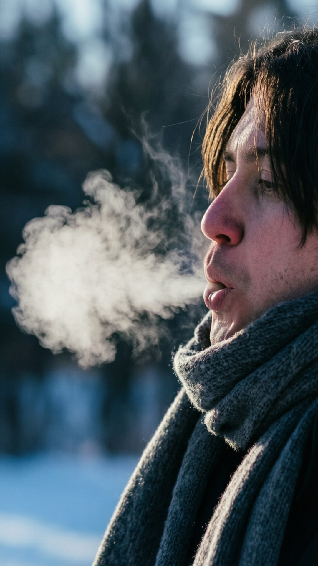 在雪地冬季風景中呼出蒸氣的人，戴著灰色圍巾