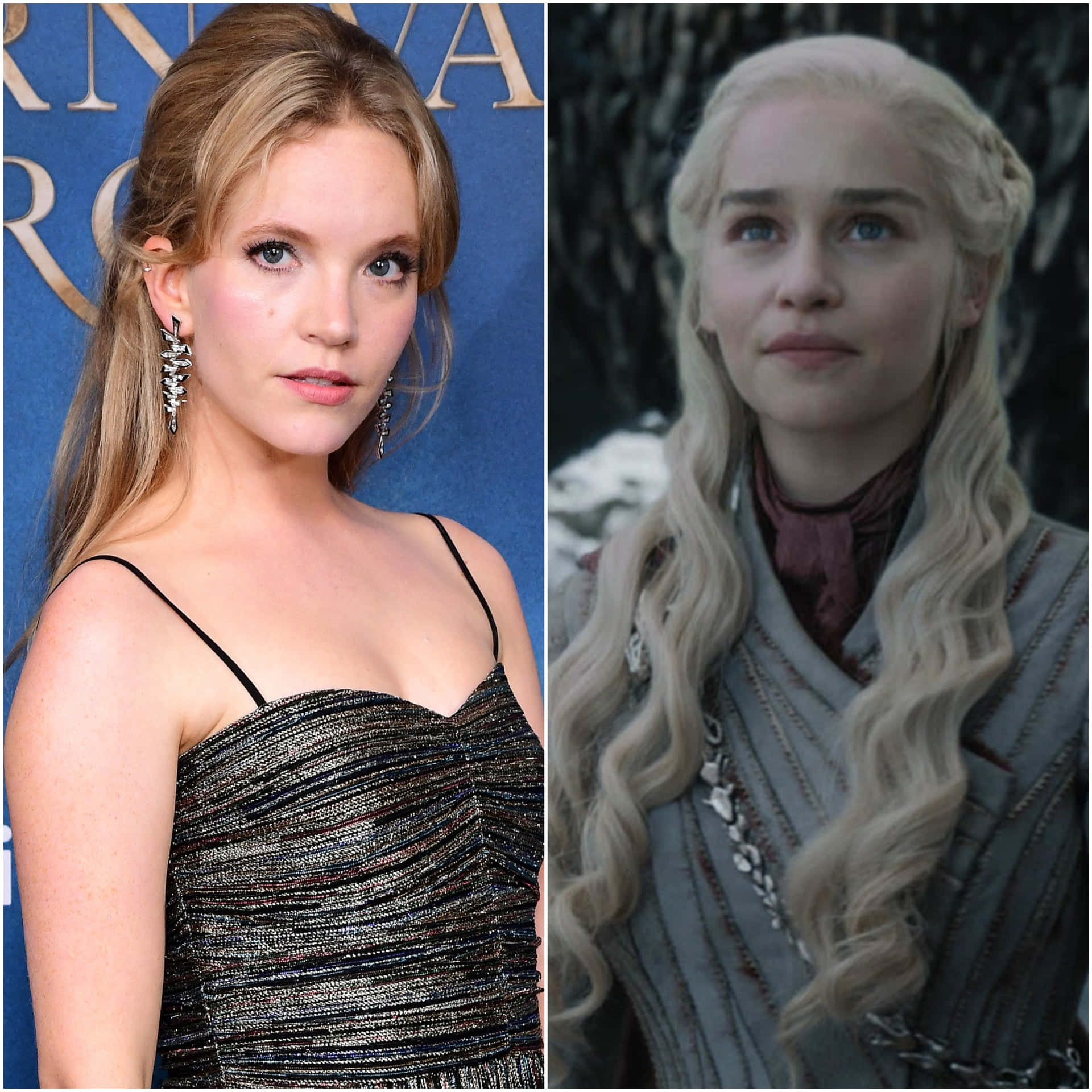 Mackenzie Foy 穿著黑色連衣裙，旁邊是穿著雪地服裝的 Daenerys Targaryen。