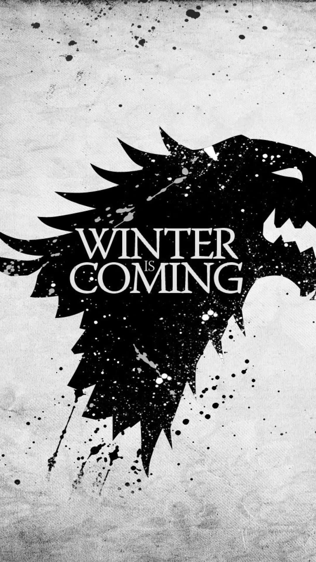 冰原狼標誌，帶有飛濺的黑白「winter is coming」文字。