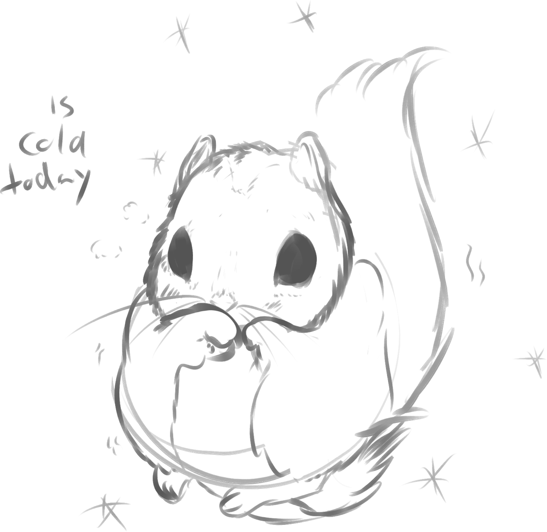寒冷松鼠素描 壁紙 — 一幅極簡黑白素描，描繪一隻蜷縮的倉鼠，鼻子冒著蒸氣，背景是星空夜晚。