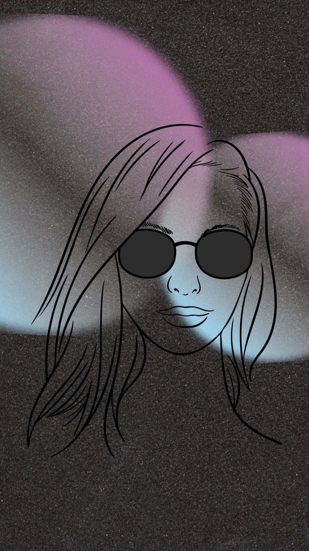 寒意四溢的冬季風景 壁紙 — 一位戴著太陽眼鏡的女性的極簡線條藝術肖像，背景為柔和的紫色和藍色調紋理。