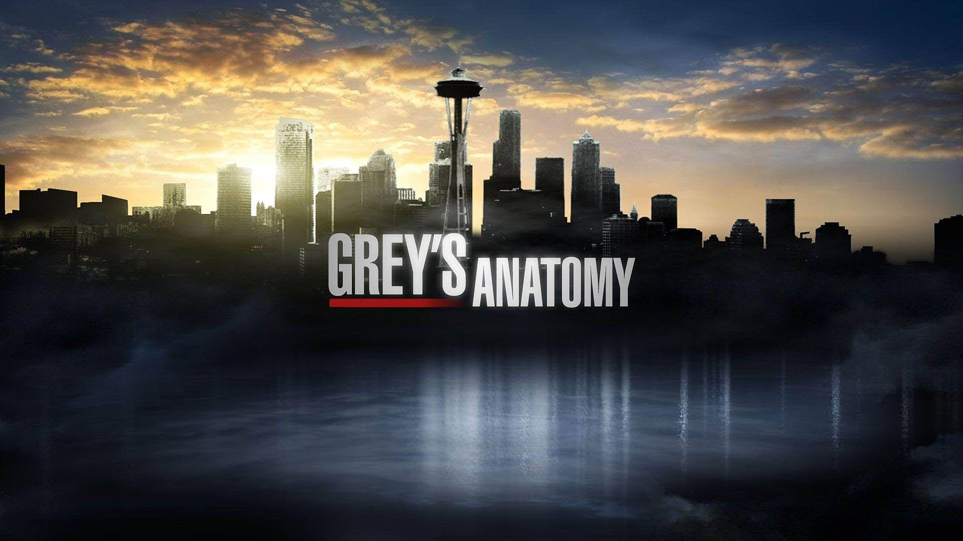 西雅圖天際線在日落時分，太空針塔和 'Grey's Anatomy' 標題在水面倒影上。