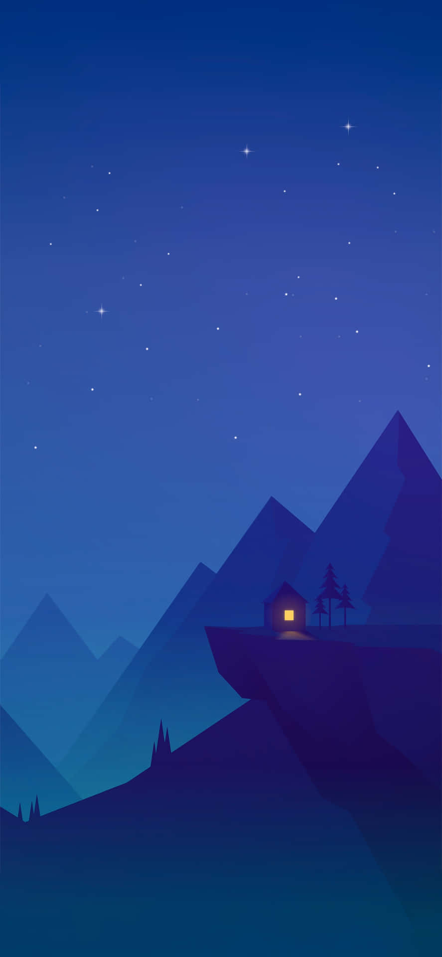 一座舒適的小屋在山崖上，在星空下發光。