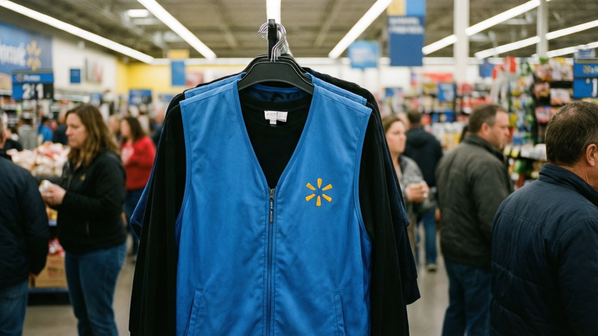 藍色Walmart背心掛在繁忙的零售店內，周圍有顧客。