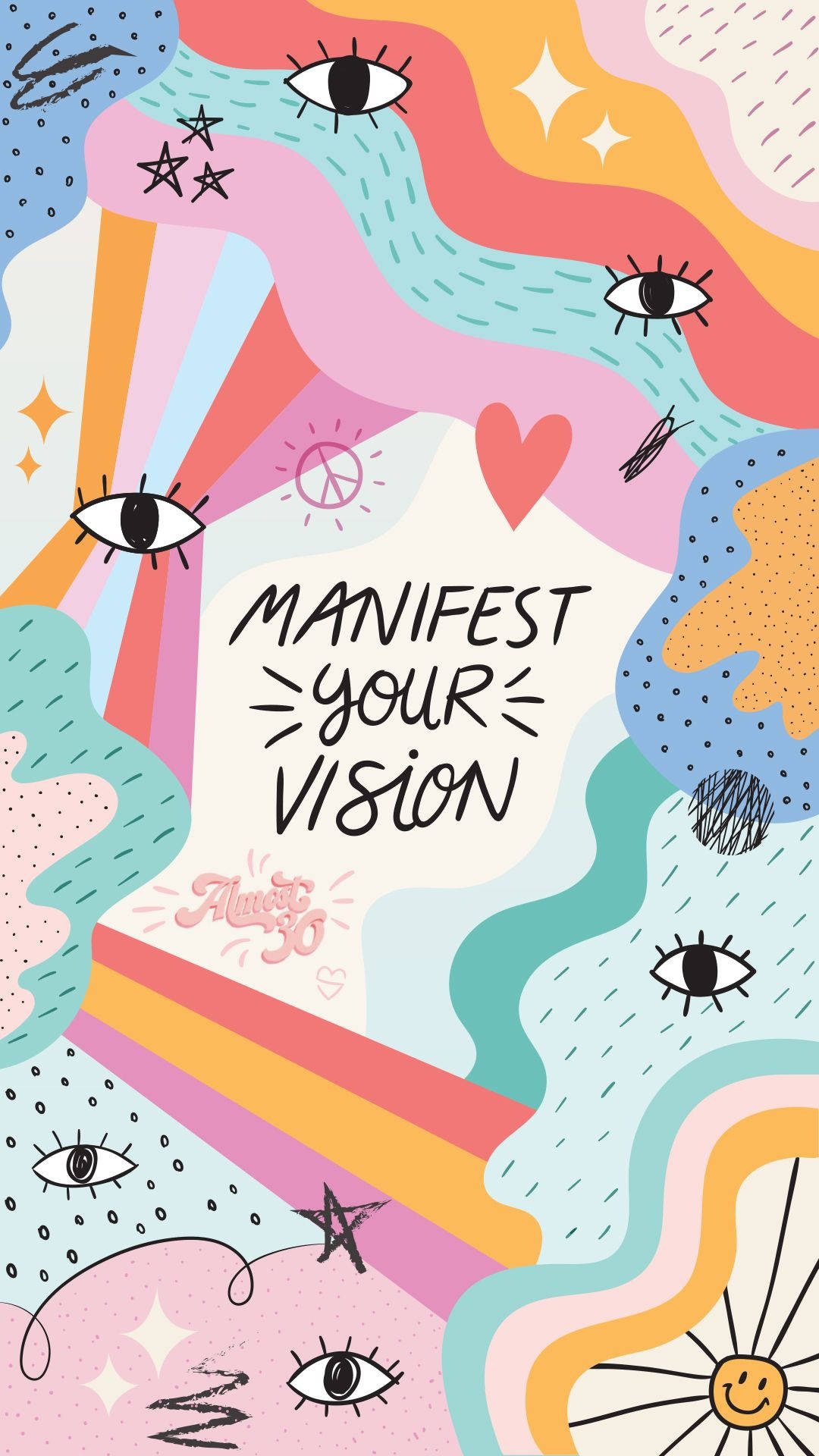 色彩繽紛的抽象設計，在短語 manifest your vision 周圍有眼睛、心形和星星。