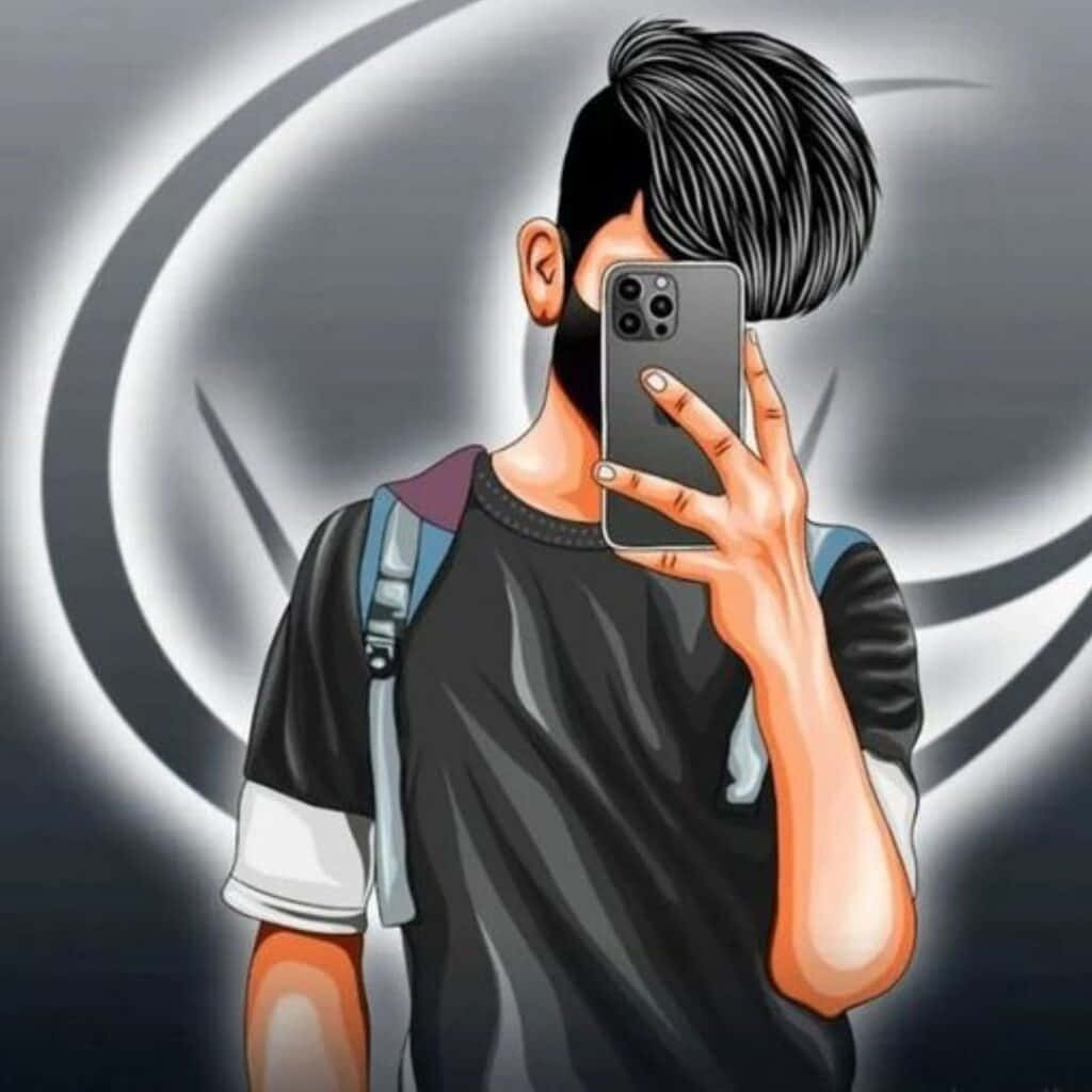 背著背包的年輕男子在鏡子前自拍，背景為抽象旋轉圖案。