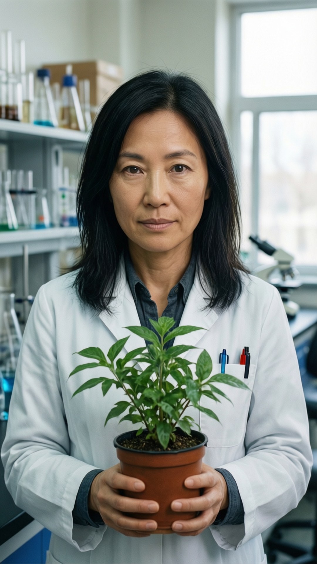 實驗室中的艾米 壁紙 — 一位專注的女科學家穿著實驗室外套，站在光線充足的實驗室中，身後有玻璃器皿架，手持一盆綠色植物。