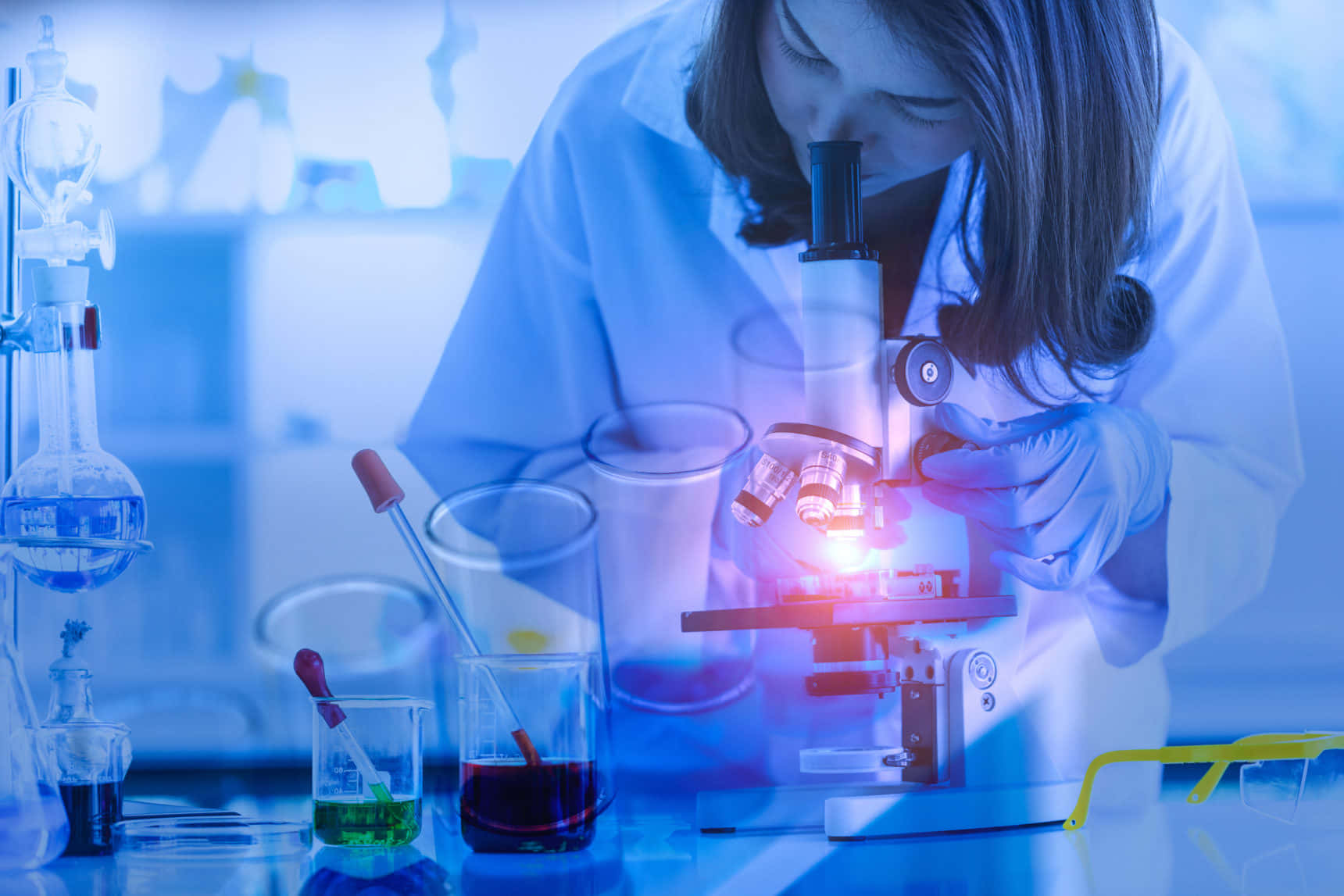 科學家在發紅光的實驗室中用顯微鏡檢查樣本。