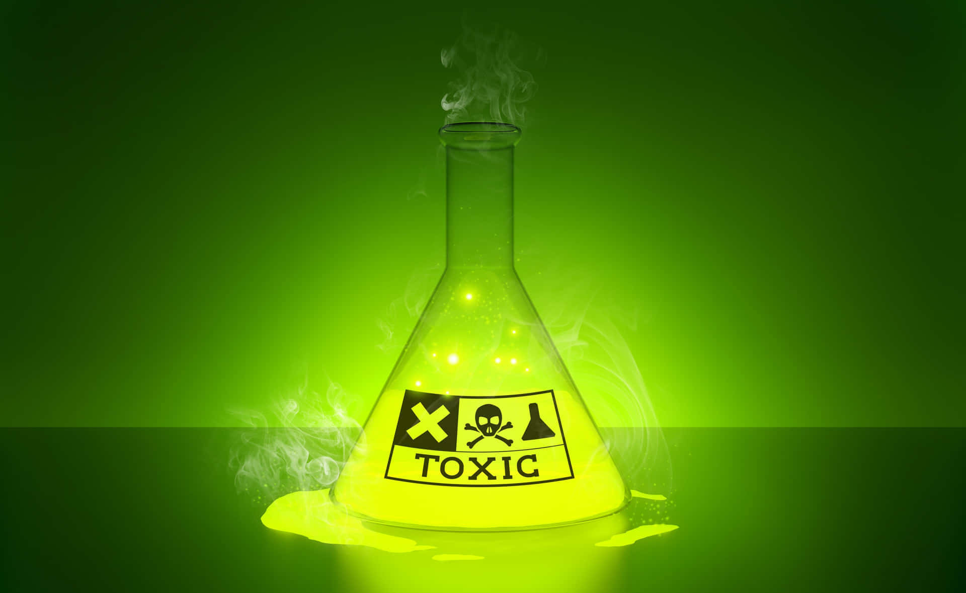 toxic 桌布 壁紙 — 實驗室燒瓶中發光的綠色有毒化學物質在綠色漸變背景上冒煙。