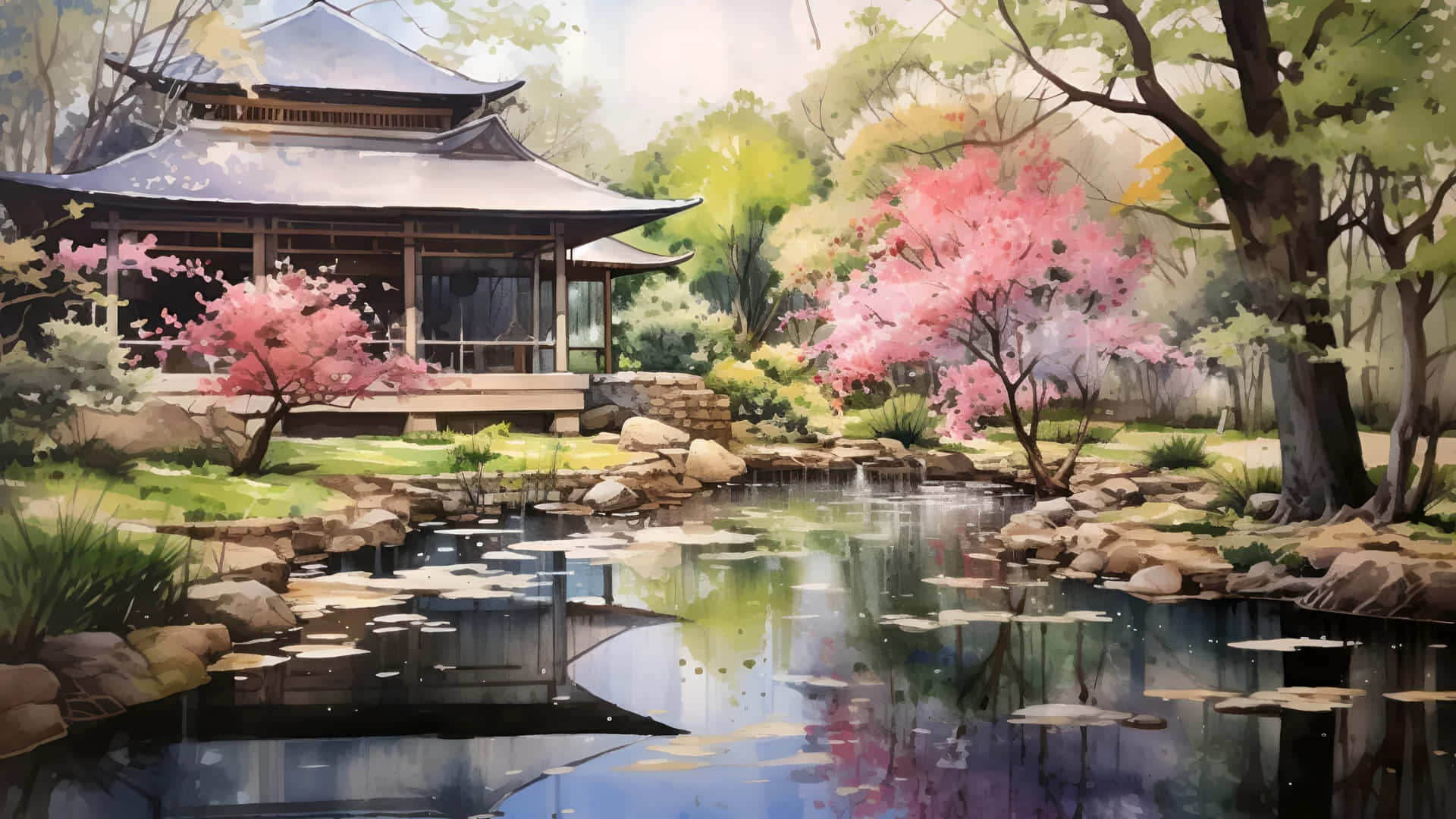 寧靜中式水墨園林 壁紙 — 一座傳統日本亭閣坐落在寧靜的池塘旁，池塘中有粉紅色的櫻花和睡蓮，在柔和的光線下。