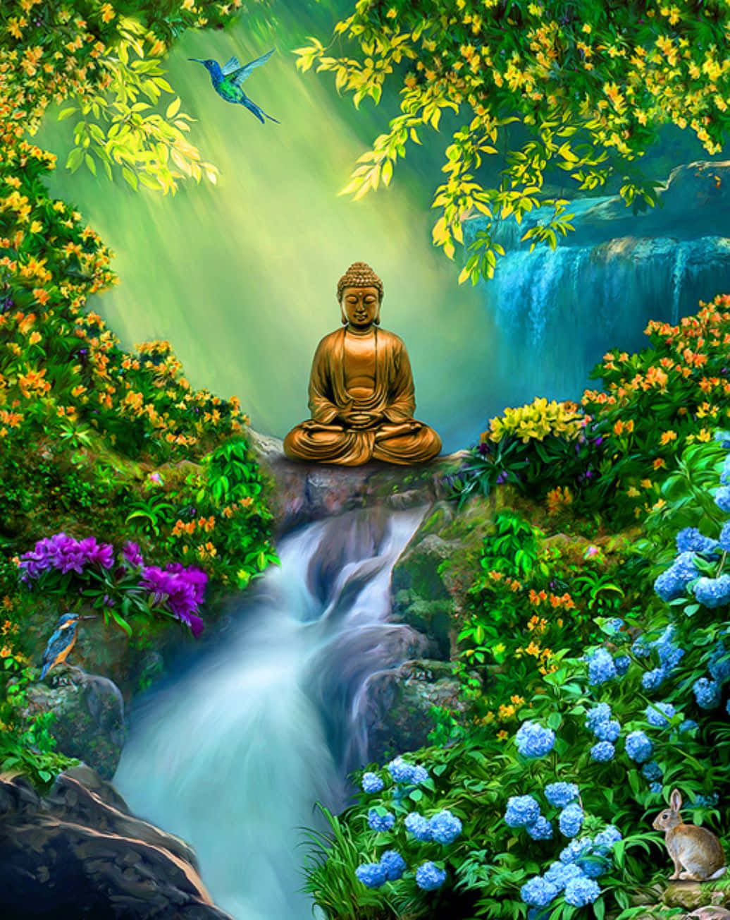寧靜佛性自然景觀 壁紙 — 金色佛像安詳地坐在瀑布頂上，周圍是茂密森林中鮮豔的花朵和飛舞的鳥兒。
