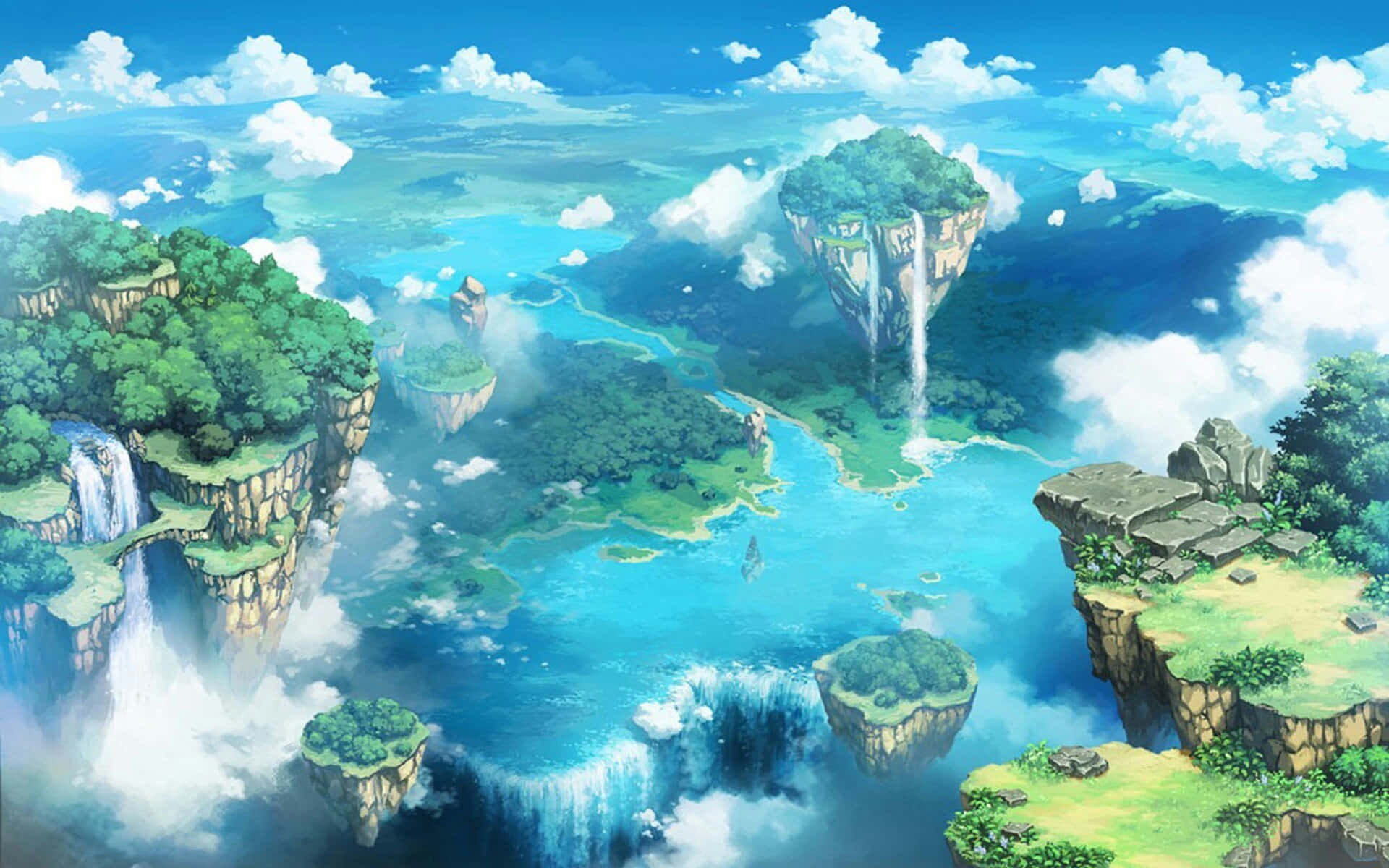 寧靜優美的動漫風景，帶給你放鬆與快樂 壁紙 — 浮島上長滿茂密的綠色植物和層疊瀑布，在明亮的天空下漂浮在充滿活力的藍色海洋之上。