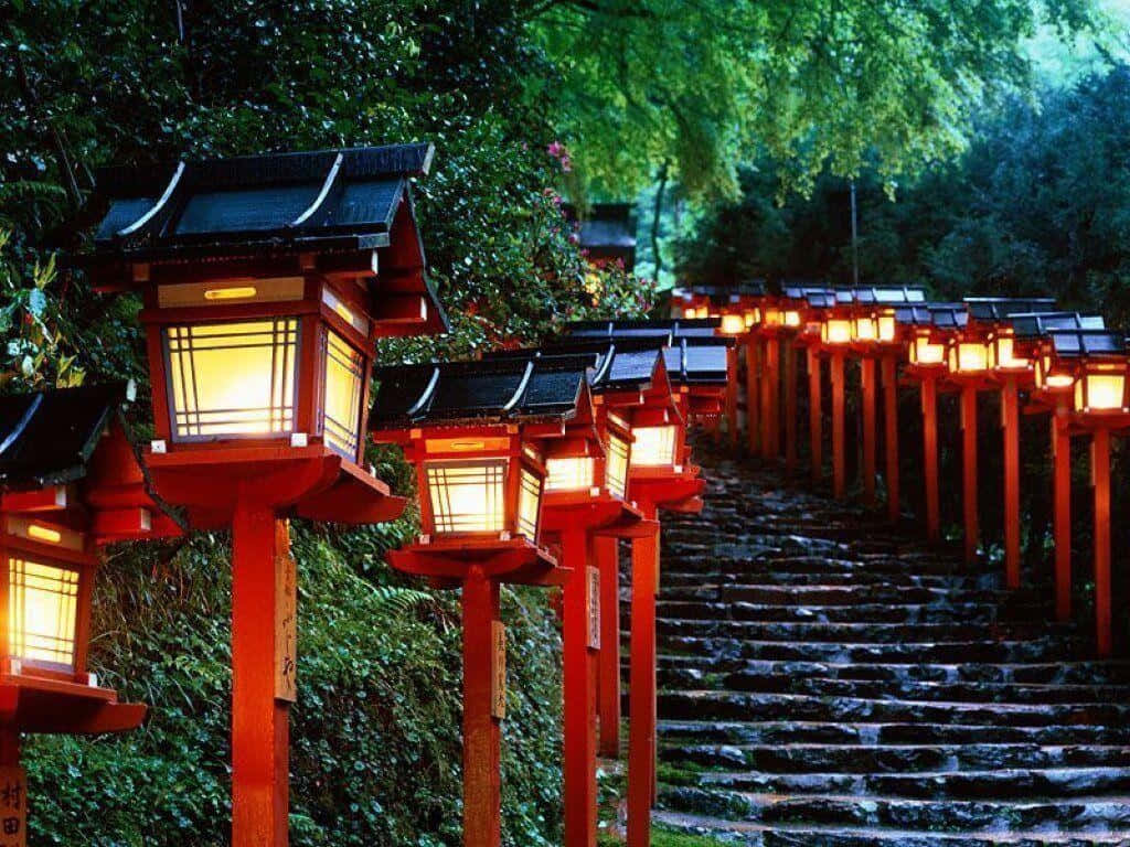 夜晚的森林中，一條石階兩旁掛滿了發光的紅色燈籠。