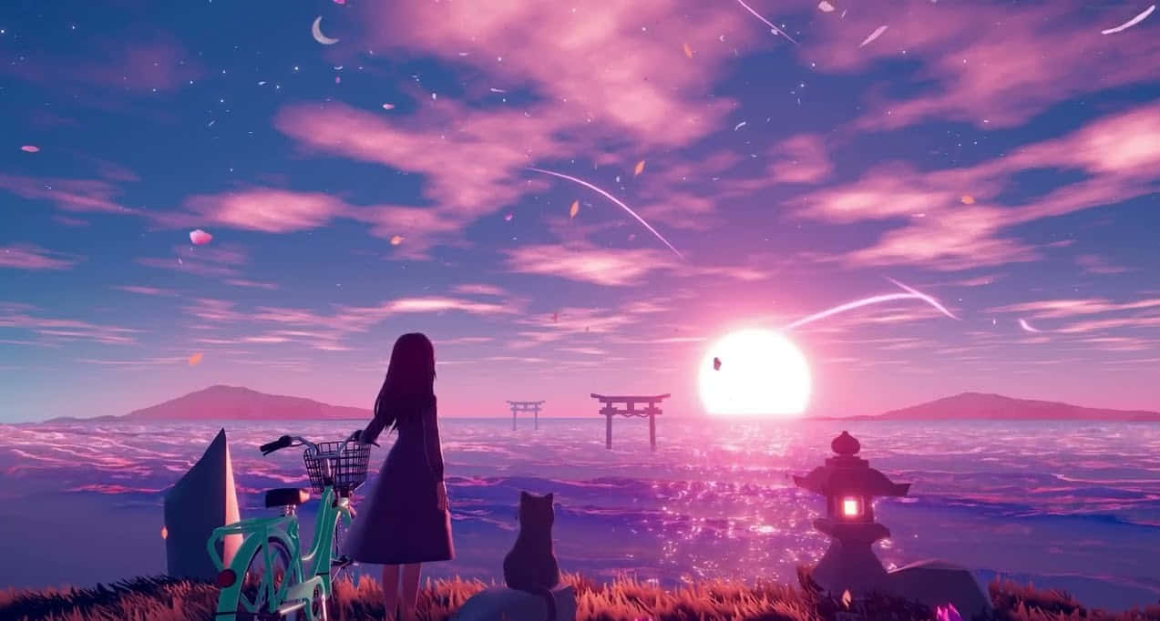 寧靜動漫少女觀天 壁紙 — 一個孤獨的女孩騎著單車，凝視著星空下水面上的粉紅色日落，有鳥居和漂浮的燈籠。