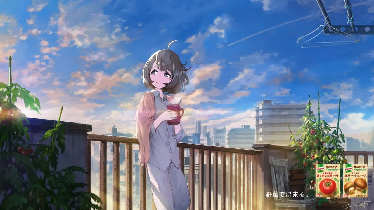 寧靜動漫風少女熱飲 壁紙 — 一位身穿輕裝的年輕動漫女孩，在陽光普照的屋頂陽台上啜飲飲料，周圍環繞著盆栽植物和城市建築，背景是帶有柔和雲朵的鮮豔藍天。