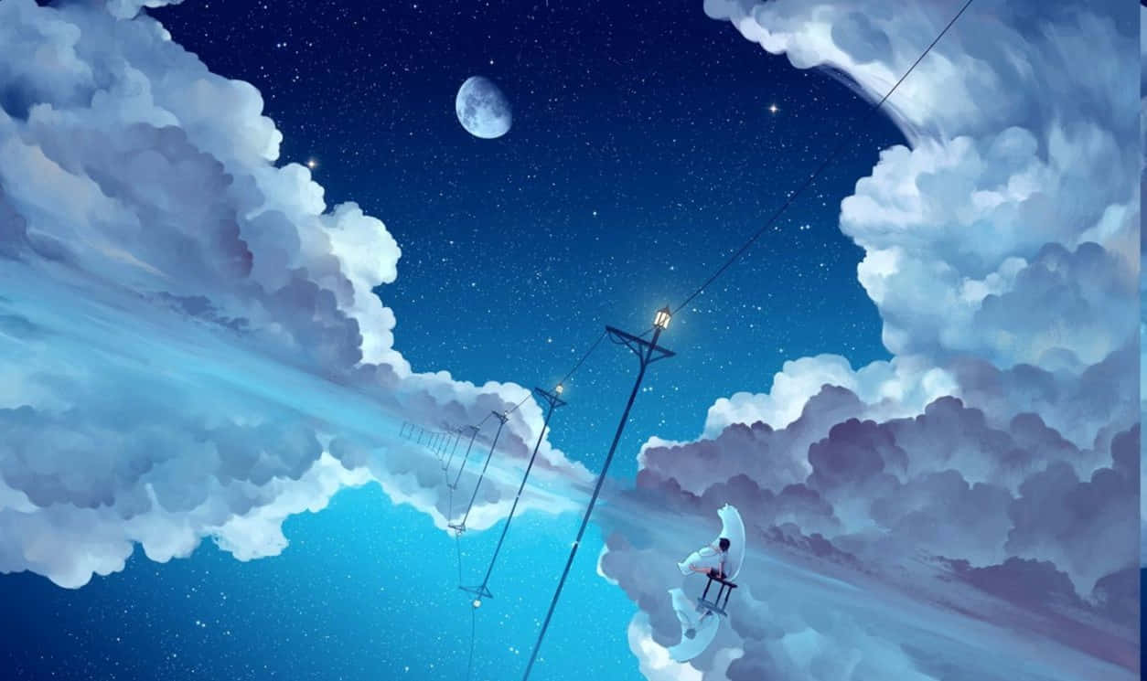 寧靜動漫風星夜 壁紙 — 一個孤獨的身影坐在新月上，下方是繁星點點的夜空，有新月和蓬鬆的雲朵。