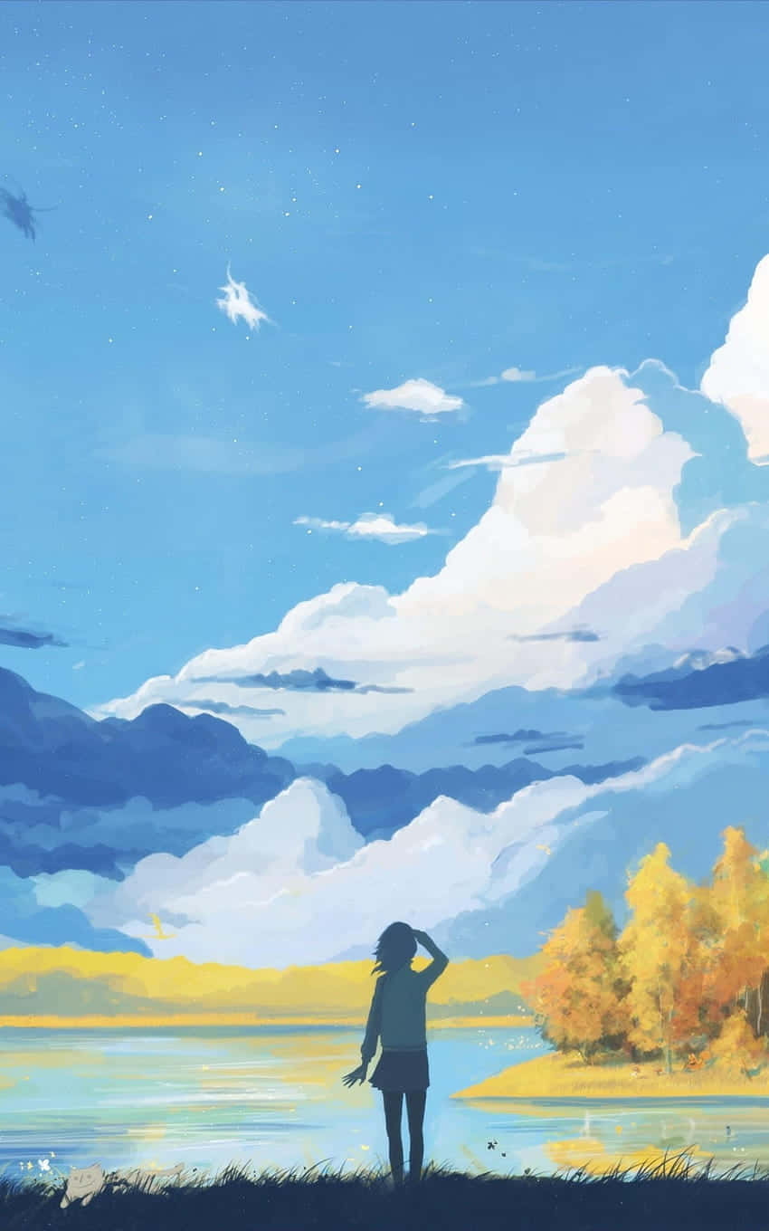 寧靜動漫風河畔少女 壁紙 — 一個孤獨的身影站在寧靜的湖邊，頭頂是廣闊的藍天，點綴著蓬鬆的白雲和遠山。
