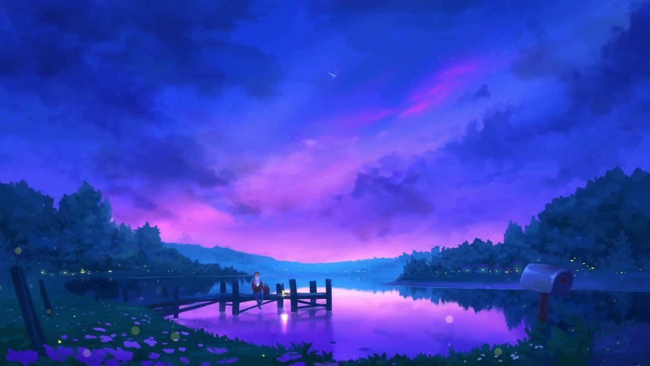 寧靜動漫風湖景天空 壁紙 — 黃昏時分，一個孤獨的身影坐在木碼頭上，鮮豔的紫色和藍色雲彩倒映在平靜的湖面上，四周樹木環繞。