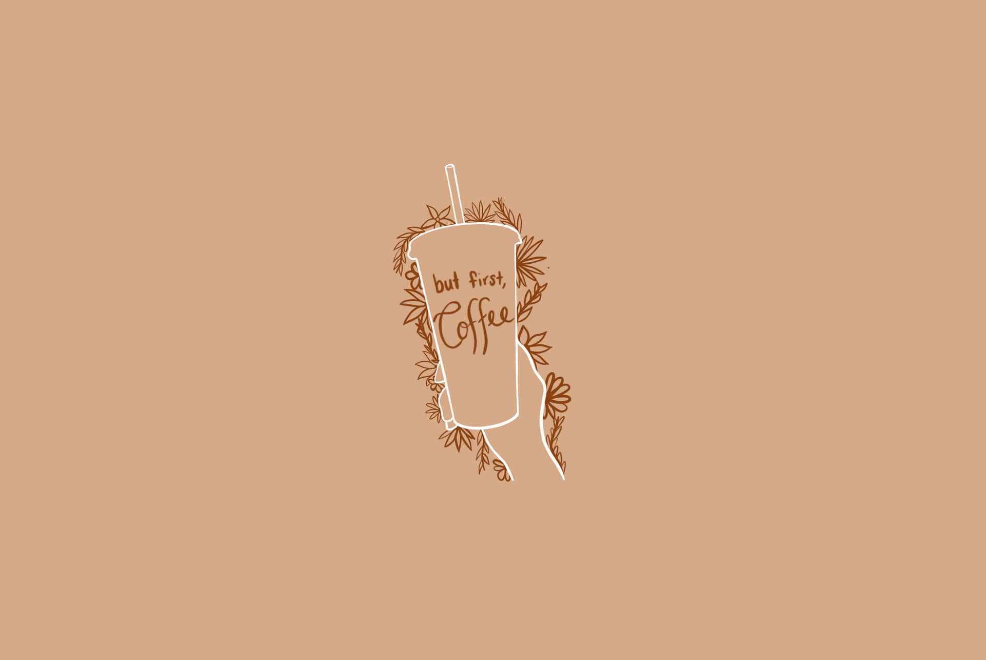 帶有花卉花環和文字 but first coffee 的咖啡杯。